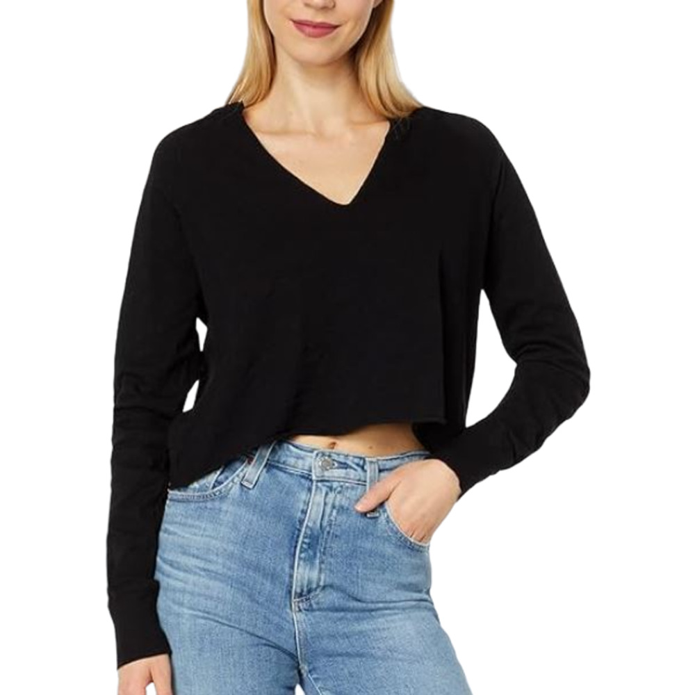 bobi Black V-Neck Long Sleeve Cropped Top